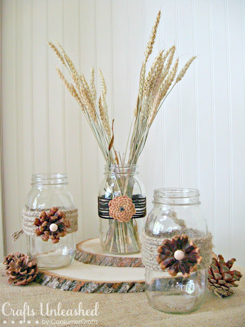 Pine Cone Flower Embellished Mason Jars