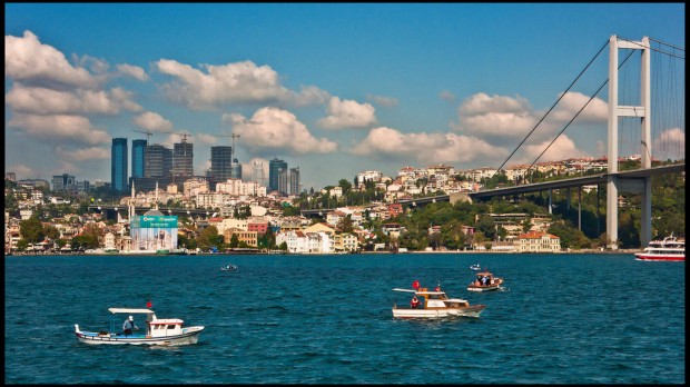 view of Ortaköy, below the Bosphorus bridge, Istanbul, Turkey
