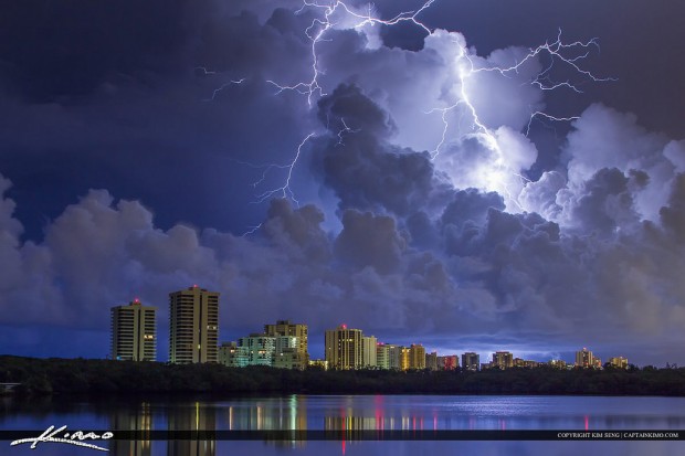 Lightning storm over Singer Iceland, Palm Beach Gardens, Florida, USA