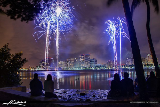 people watching fireworks on New Year's 2014 in West Palm Beach, Florida, USA