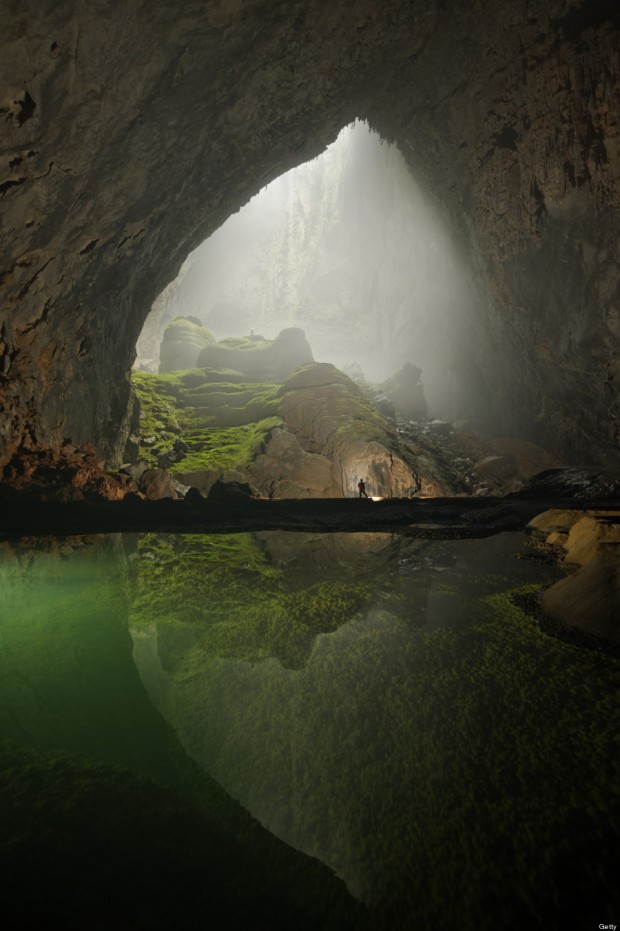  A rock formation appears under a skylight in Hang Son Doong. 